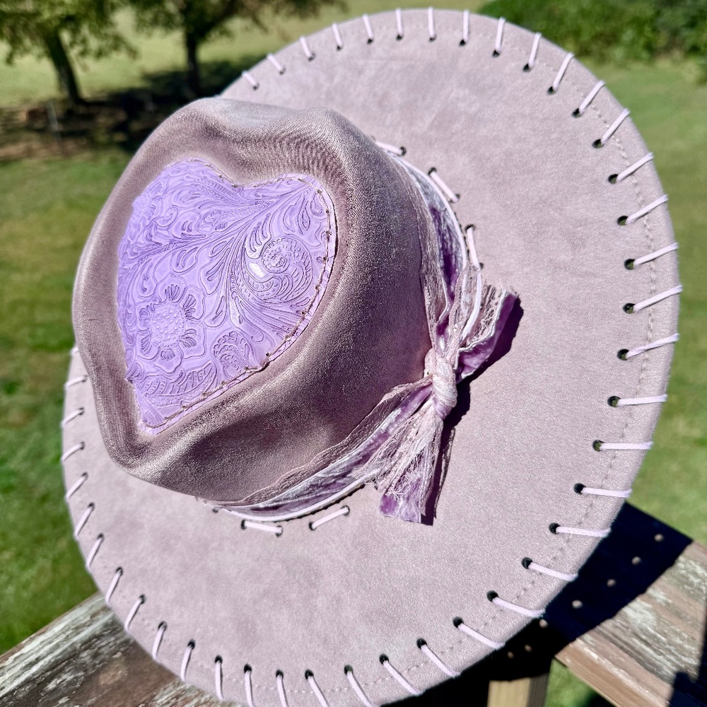 Dusty Lavender Burned Hat, Heart Hat, Whipstitched Tooled Leather